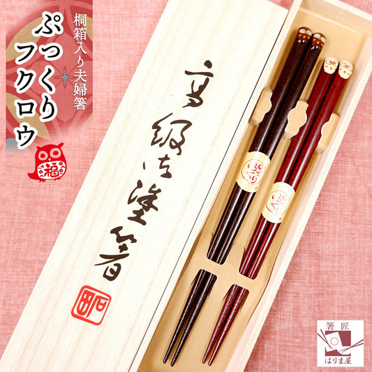 箸 若狭塗 ぷっくりフクロウ 夫婦箸 桐箱入り