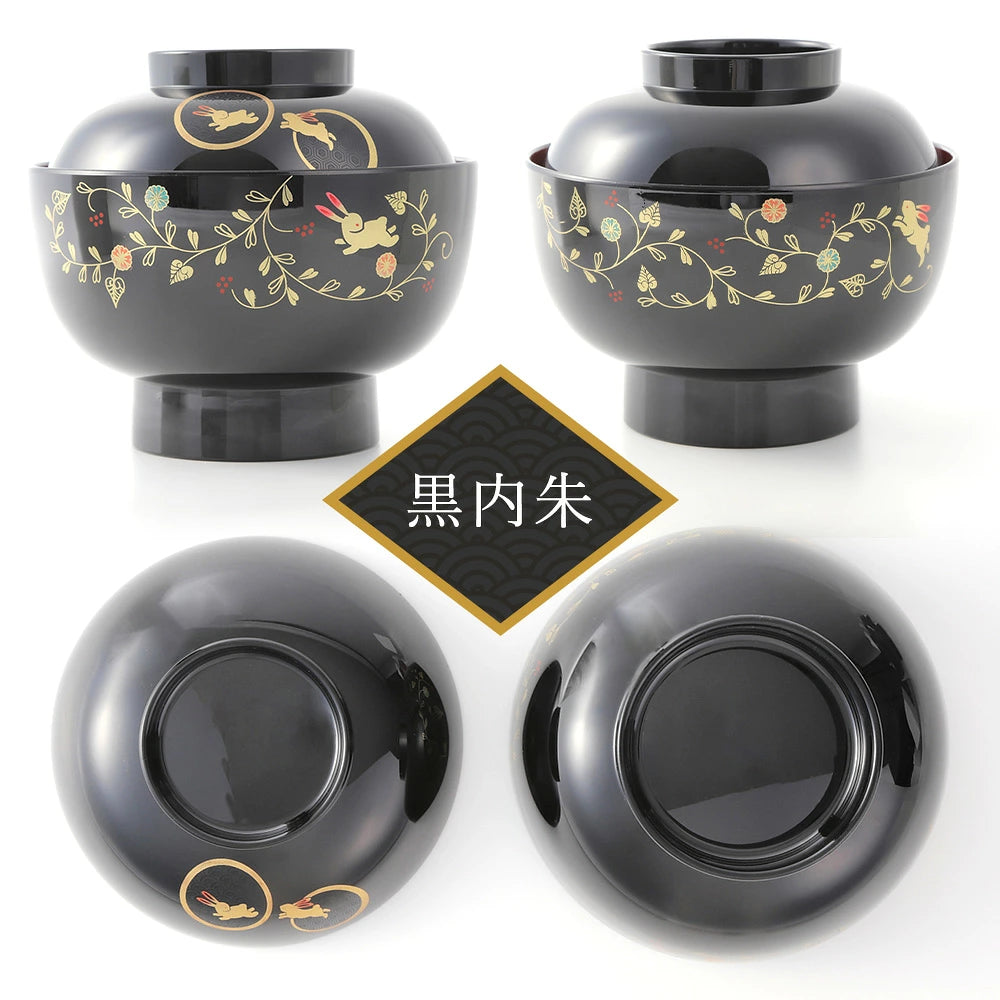 うさぎ唐草 雑煮碗 ペアセット 総朱 黒内朱