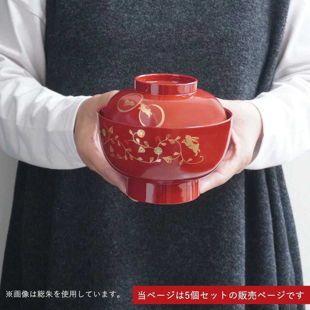 うさぎ唐草 雑煮碗 ペア 同色5個セット 総朱 黒内朱