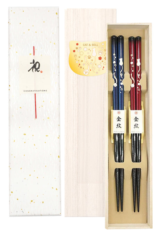 夫婦箸 食洗機対応 箸 金紋 猫に鈴 桐箱入り (水引シール 祝い)